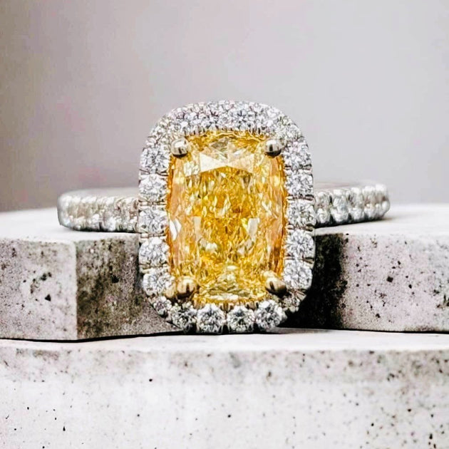 Fancy Yellow Cushion Cut Diamond Halo Ring Dallas Jewelers