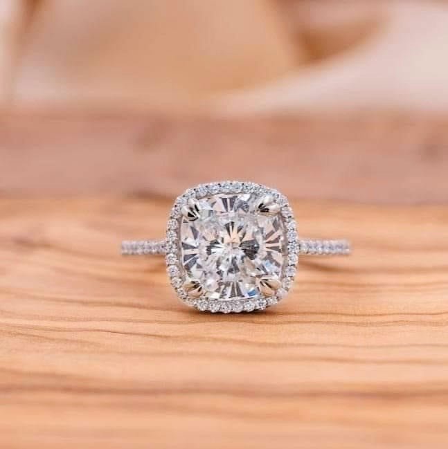 Cushion Cut Diamond Halo Engagement Ring with Dainty Band