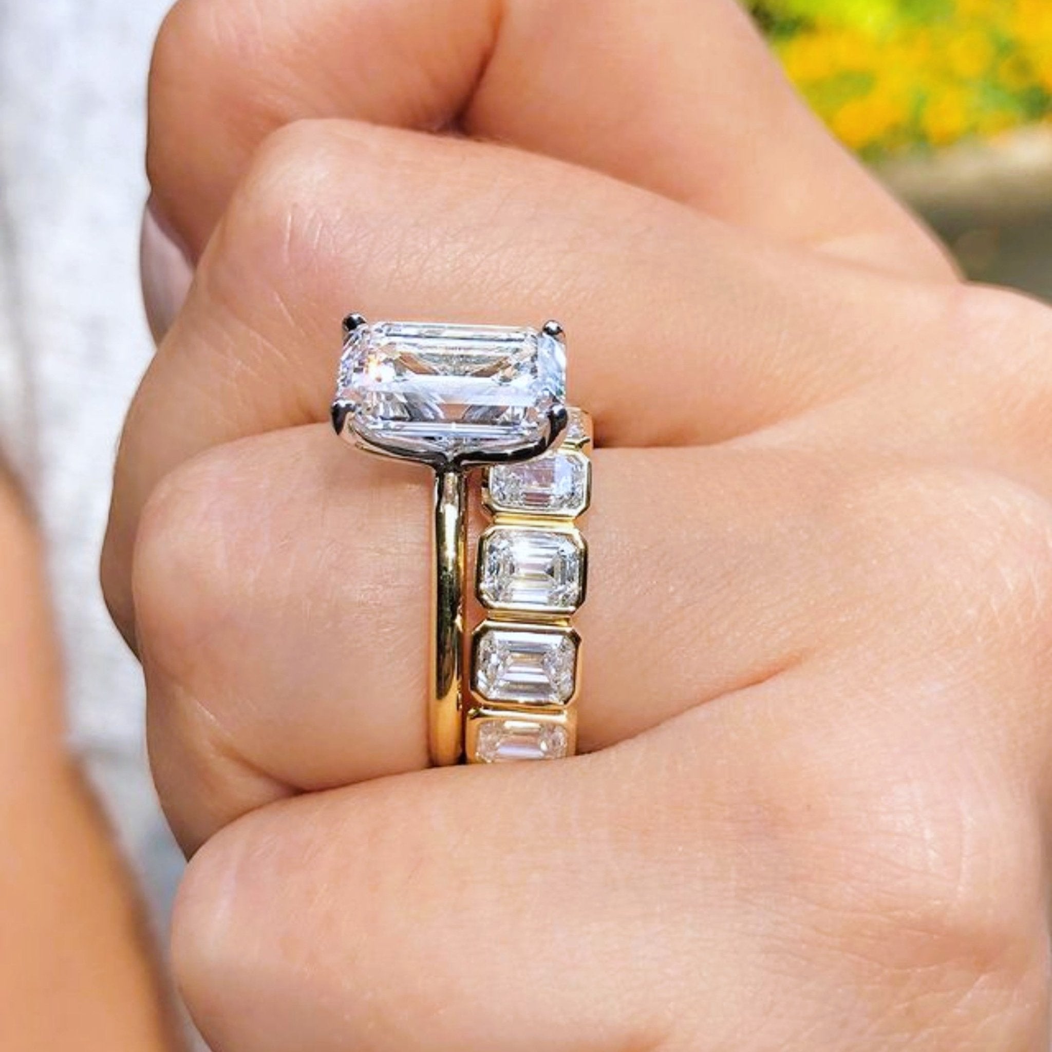 Emerald Cut Solitaire Bezel Set Eternity Band