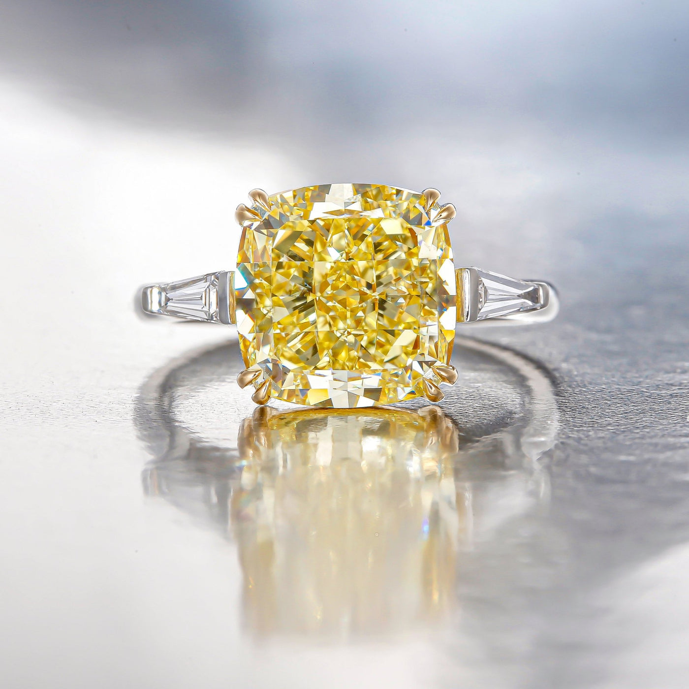 Fancy Yellow Cushion Cut Diamond Ring with Baguettes | Dallas - Shapiro Diamonds