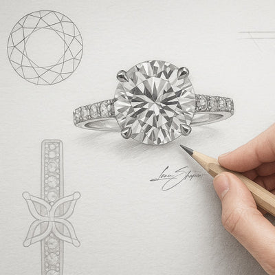 Hand drawing a diamond ring on a white background with jewelry sketches.