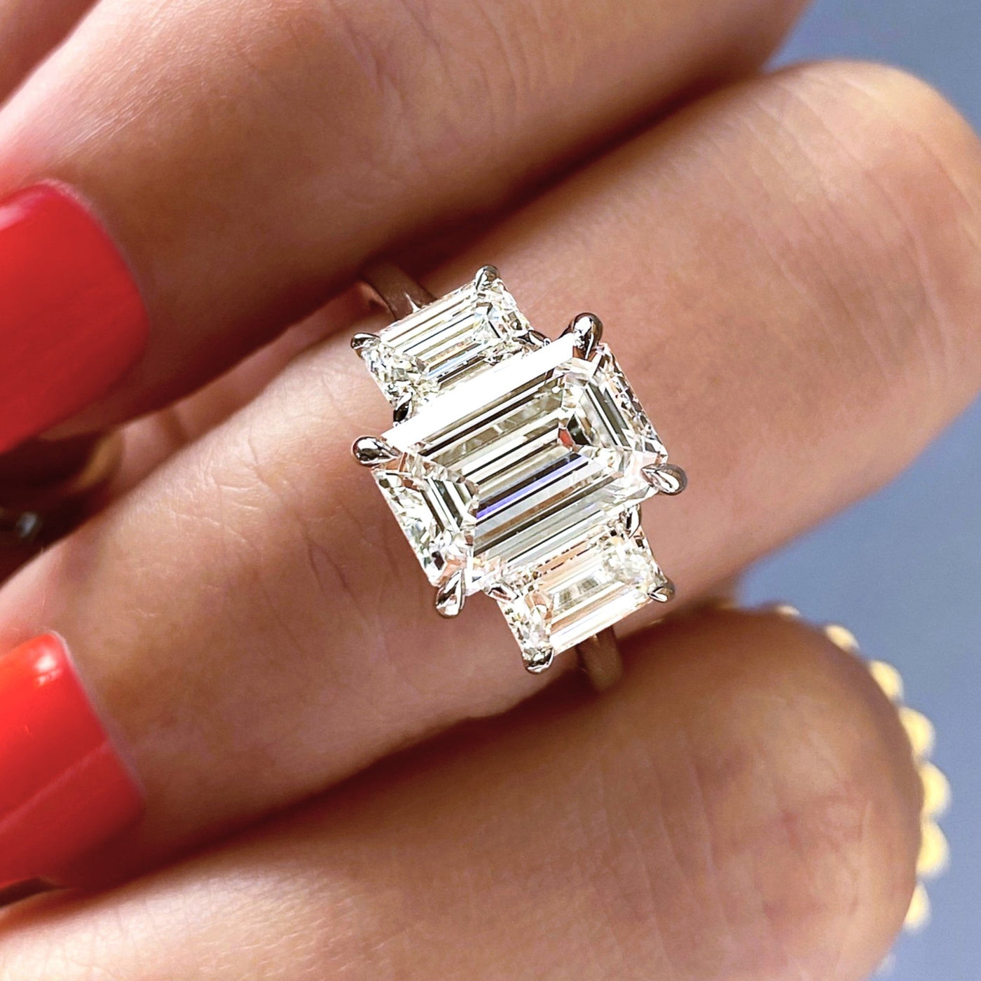 Three Stone Emerald Diamond Ring - Shapiro Diamonds