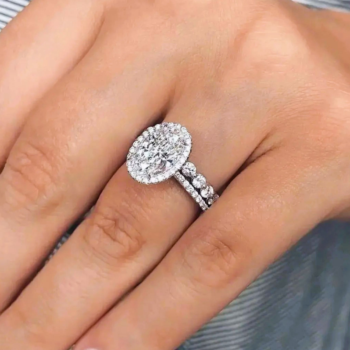 Oval Diamond Halo Engagement Ring and Diamond Band - Shapiro Diamonds